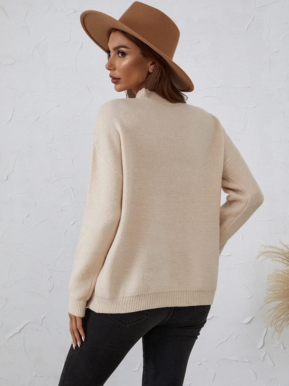 Women's Sweater Mock Neck Drop Shoulder Sweater Sweater for Women (Color : Apricot, Size : Medium)