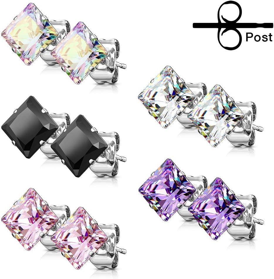 Amelia Fashion 22GA Pair Princess Cut 4mm Square CZ Earring Studs 316L Surgical Stainelss Steel (Choose Color)