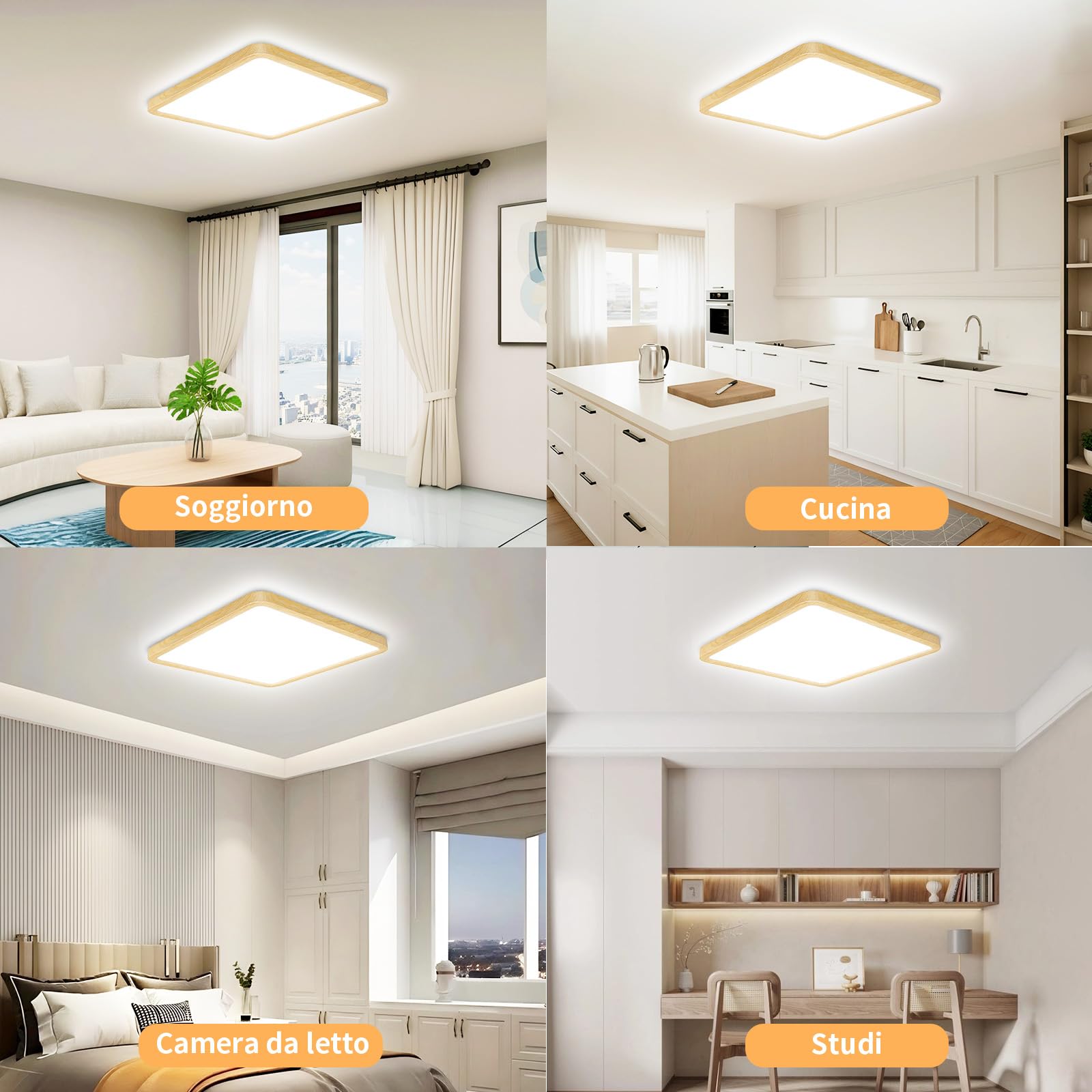 Plafoniera LED Soffitto Dimmerabile 24W, 3200LM Lampada da Soffitto, 6000K/4000K/3000K, IP54 Impermeabile Quadrata Plafoniere, Per Tutti Gli Ambienti Casa, Diametro Ø30CM, Finto legno Confezione 4