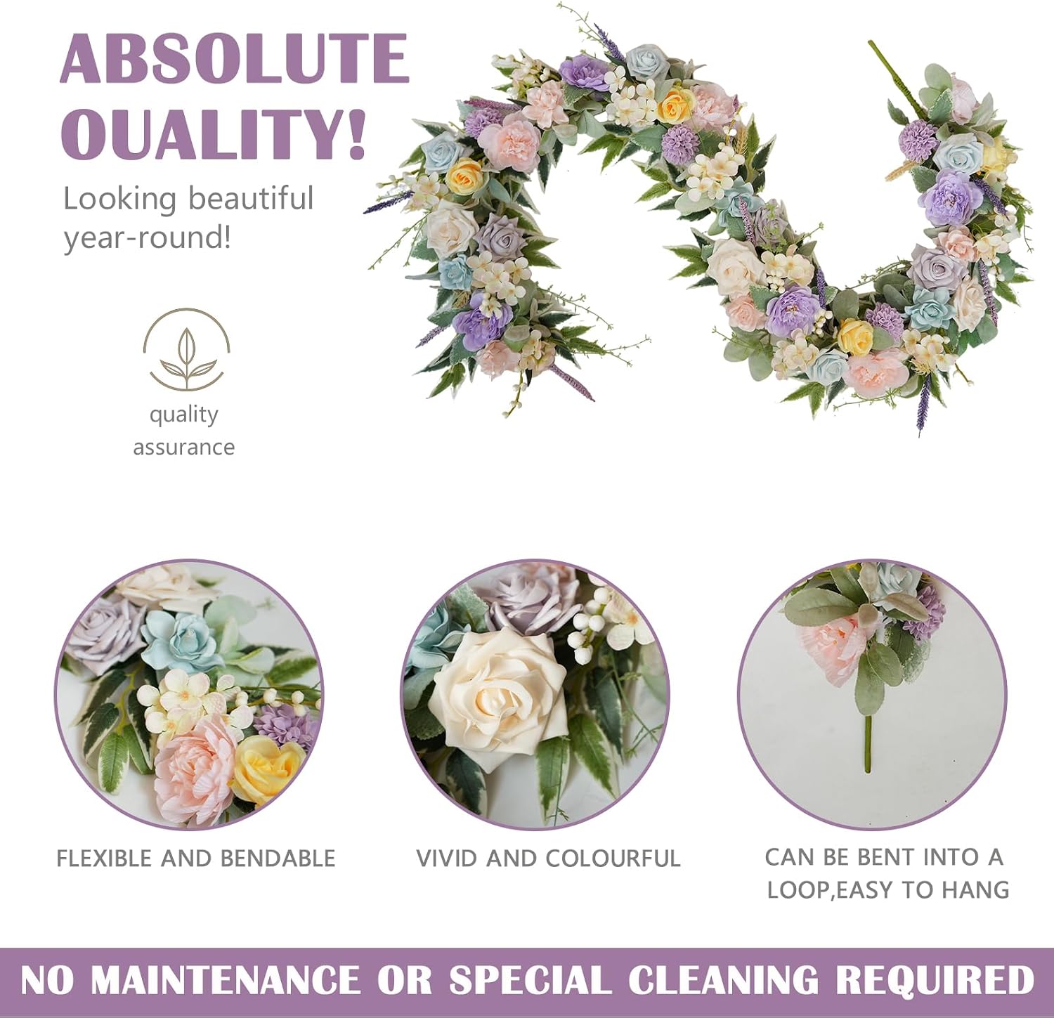 TEMPUS 6Ft Morandi Spring/Summer Floral Garland - Dusty Pink, Lavender, Blue Artificial Flowers on Bendable Vine for Fireplace Mantel, Wedding Arch Decor