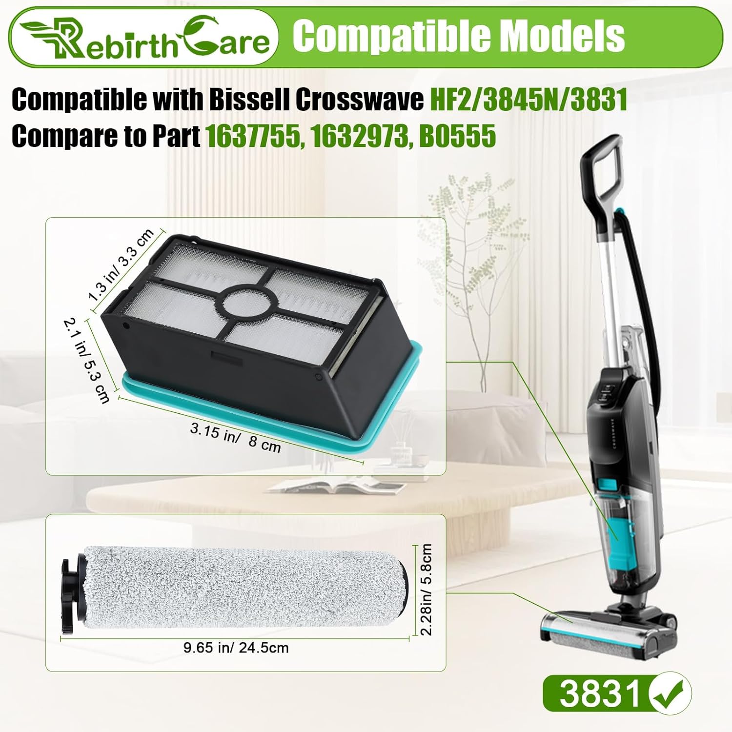 3831 Brush Roll and Filter Replacement Parts for Bissell Crosswave Hard Floor Expert Vacuum 3831 HF2 3845N 3847 3848 4 Pack for Floor Scrubber Wet Dry Vacuum Accessory Kit, 2 Brush Rolls & 2 Filters