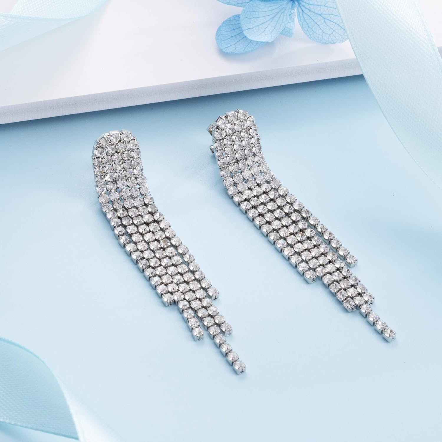 SELOVO Tassel Fringe Dangle Earrings Clear Crystal Party Drop Clip On Earrings - Image 4