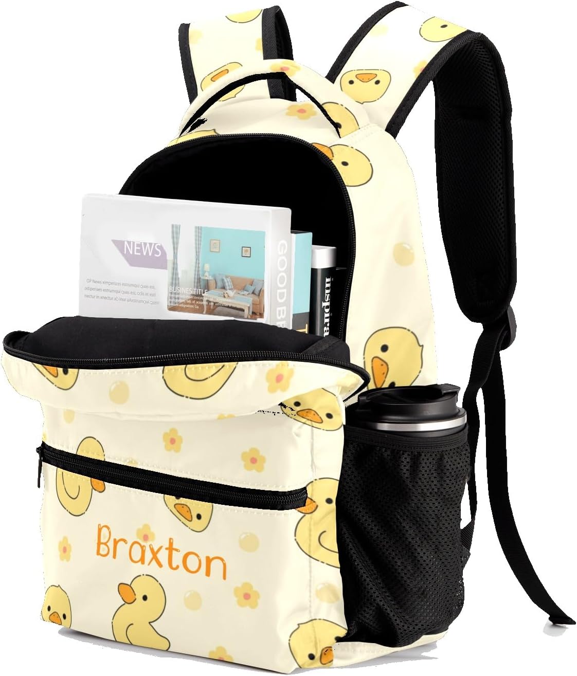 Yellow Duck Flowers Personalized School Backpack Kids Bookbag Daypack for Teen Boys Girls Travel Backpack Bag 12.2''(L) x 5.9''(W) x 16.5''(H), Design 5, CBR1070