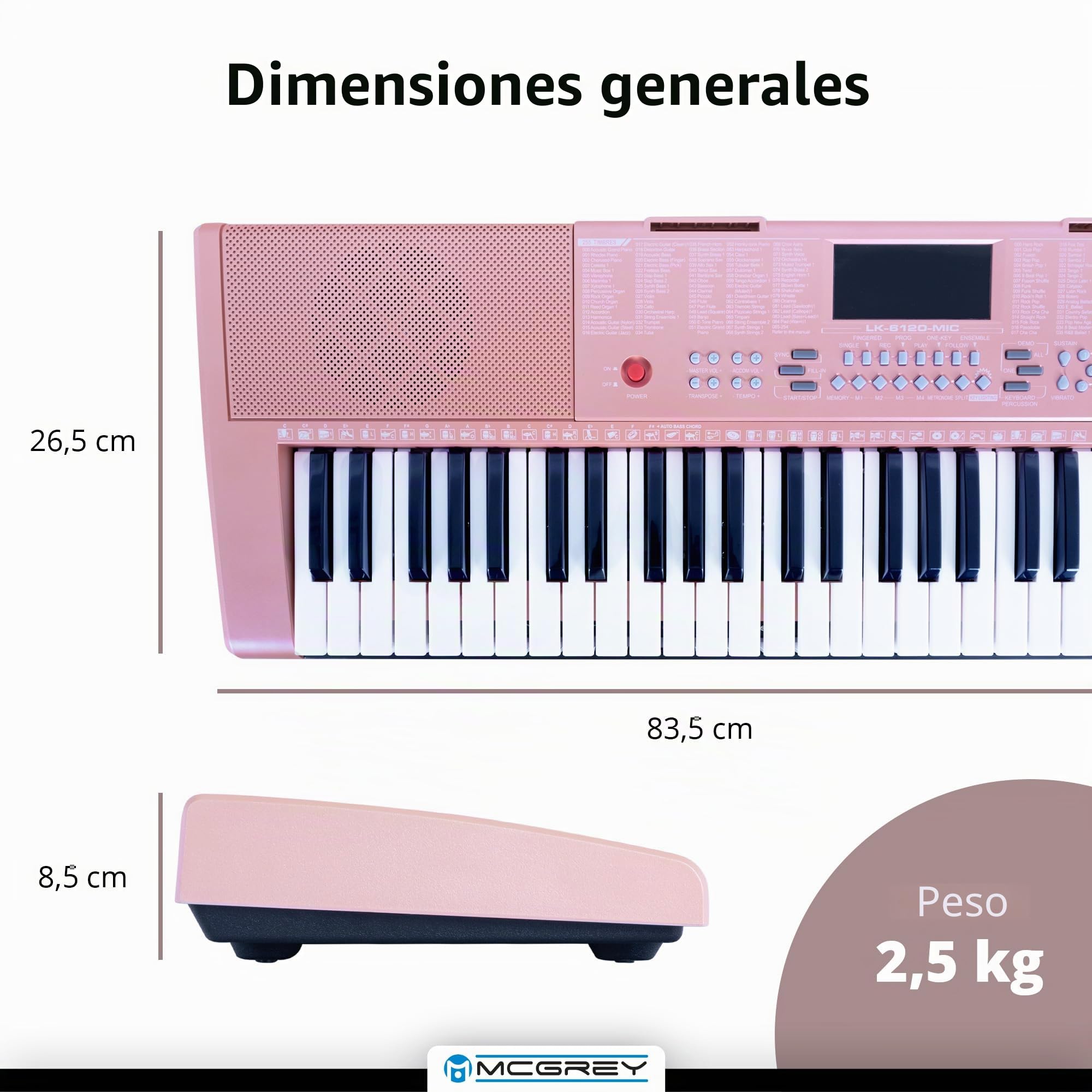 McGrey LK-6120-MIC Teclado Con Teclas Iluminadas Con Micrófono, 255 sonidos | Teclado para principiantes con 61 teclas iluminadas, 255 ritmos, 61 sonidos de percusión, 50 canciones demo, Sustain/ Vibrato