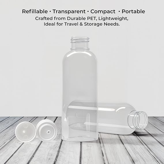 Palm Safe 4 pcs 100ml/3.5 OZ Clear Plastic Travel Bottles, Durable Strong Recyclable BPA Free Storage Bottles, Empty Refillable Containers with Flip Cap Leak Proof for Toiletries