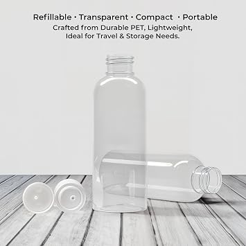 Palm Safe 4 pcs 100ml/3.5 OZ Clear Plastic Travel Bottles, Durable Strong Recyclable BPA Free Storage Bottles, Empty Refillable Containers with Flip Cap Leak Proof for Toiletries