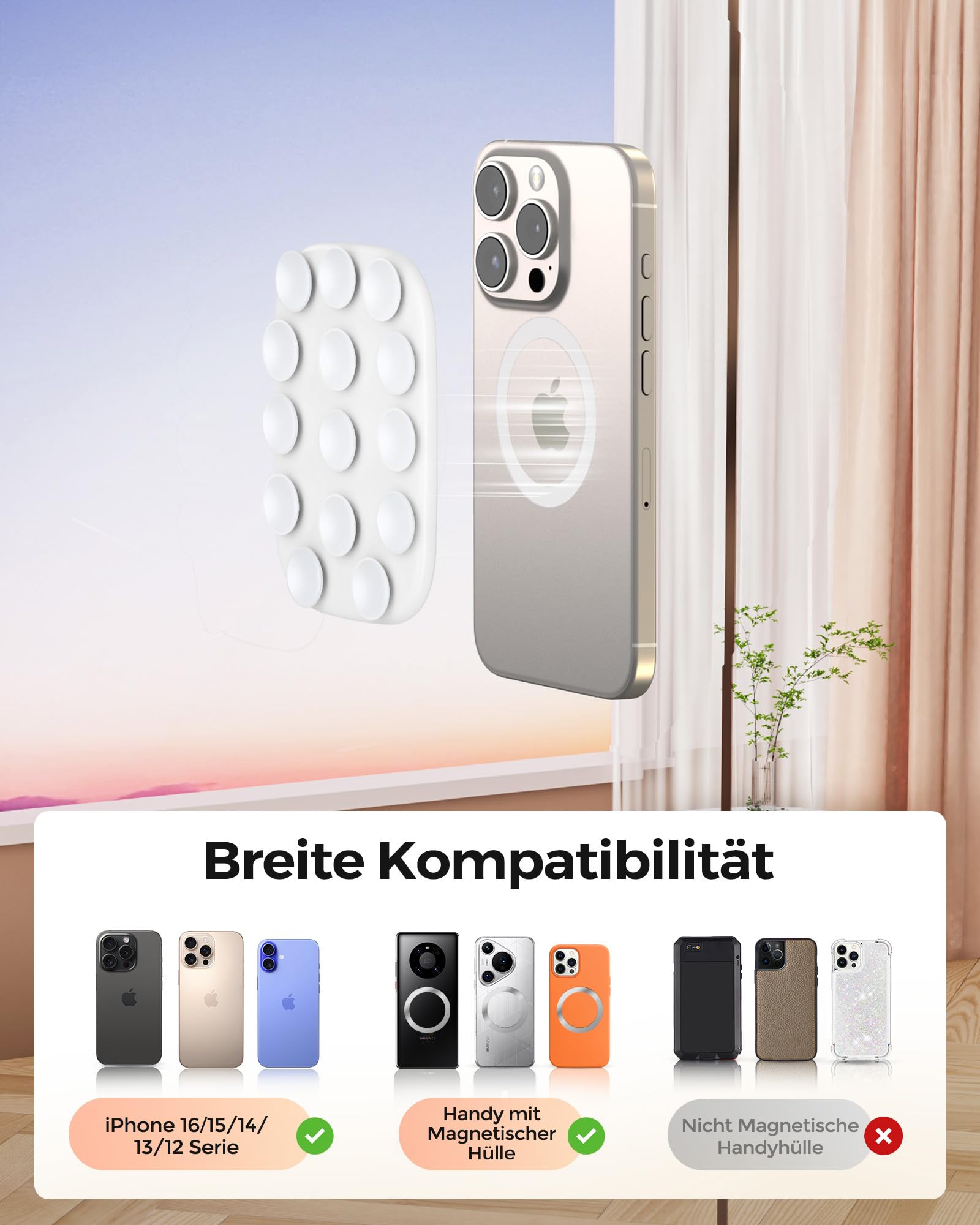 smofish Silikon Handy Saugnapf Halterung, Magnet Handyhalterung mit MagSafe Kompatibel mit iPhone und Android, Magnetische Handyhalterung für Dusche, TikTok Ersteller, Videos und Selfies, Weiß