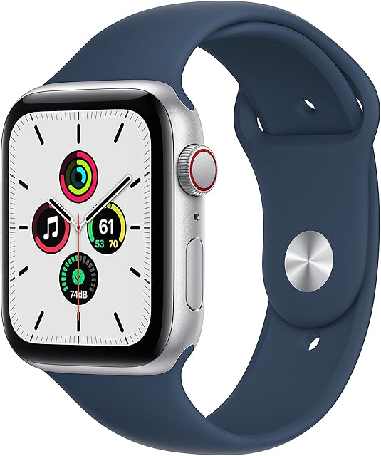 Apple Watch SE (1st generation) (GPS + Cellular, 44mm) Smart watch - Silver Aluminium Case with Abyss Blue Sport Band - Regular. Fitness & Activity Tracker, Heart Rate Monitor, Water Resistant