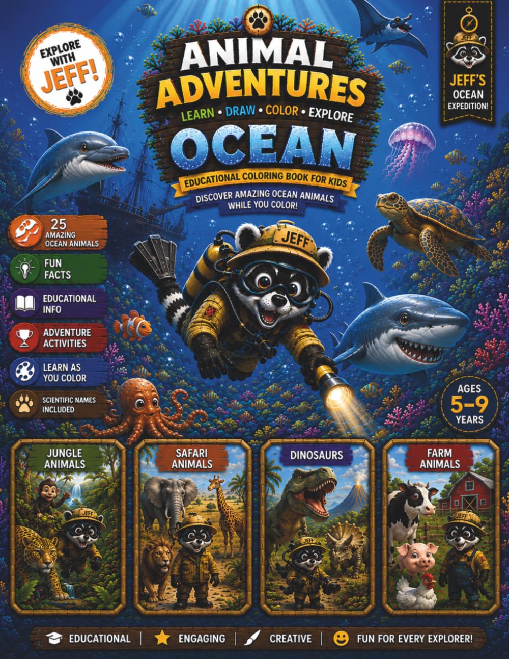 Animal Adventures: Ocean Animals Coloring Book: Educational Ocean Coloring Book for Kids Ages 5–9 | Learn & Color 25 Amazing Ocean Animals with Fun ... (Animal Adventures with Jeff the Explorer)