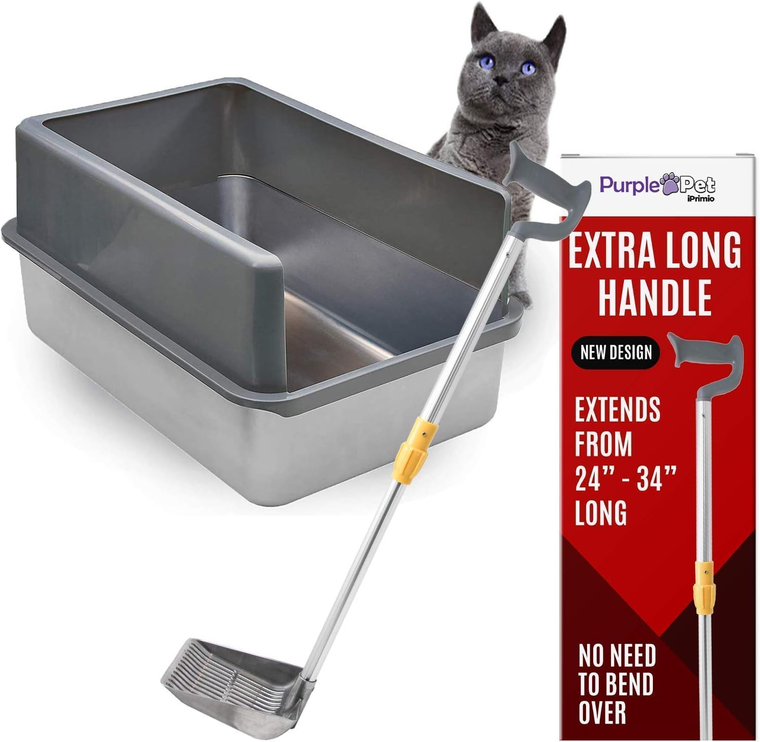 iPrimio Enclosed Sides Stainless Steel Cat Litter Box with Extra Long Handle Stand Up Scooper for Easy Cleaning and Scooping, Ergonomic…