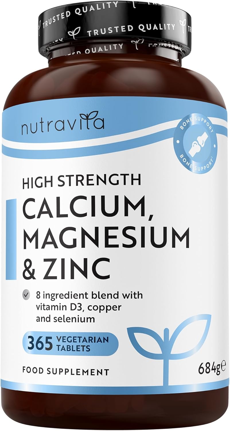Nutravita Calcio 800mg, Magnesio 360mg, Zinc y Vit D - 365 Tabletas Vegetarianas (6 Meses) - Mantenimiento de Huesos, sistema inmunológico, función muscular normal y fatiga reducida - Hecho en Europe