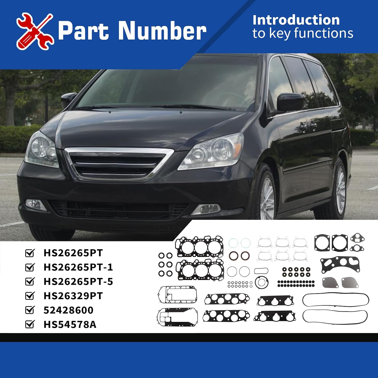 HS26265PT-1 Cylinder Head Gasket Set Compatible with Odyssey 2005-2010, Compatible with TL, RL, MDX 2003-2008, Compatible with Pilot, Ridgeline 2004-2008 Replaces HS26265PT HS26329PT