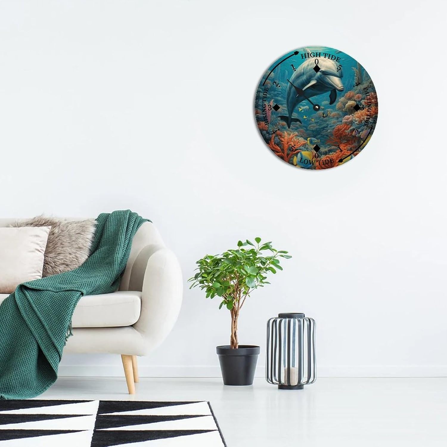 Cheyan Dolphin Tide Clock Silent Non-Ticking Battery Operated Wooden Moon Nautical Tide Movement Clock for Sailing Living Room Restaurant Home Decor Wood Wall Art 12x12 in
