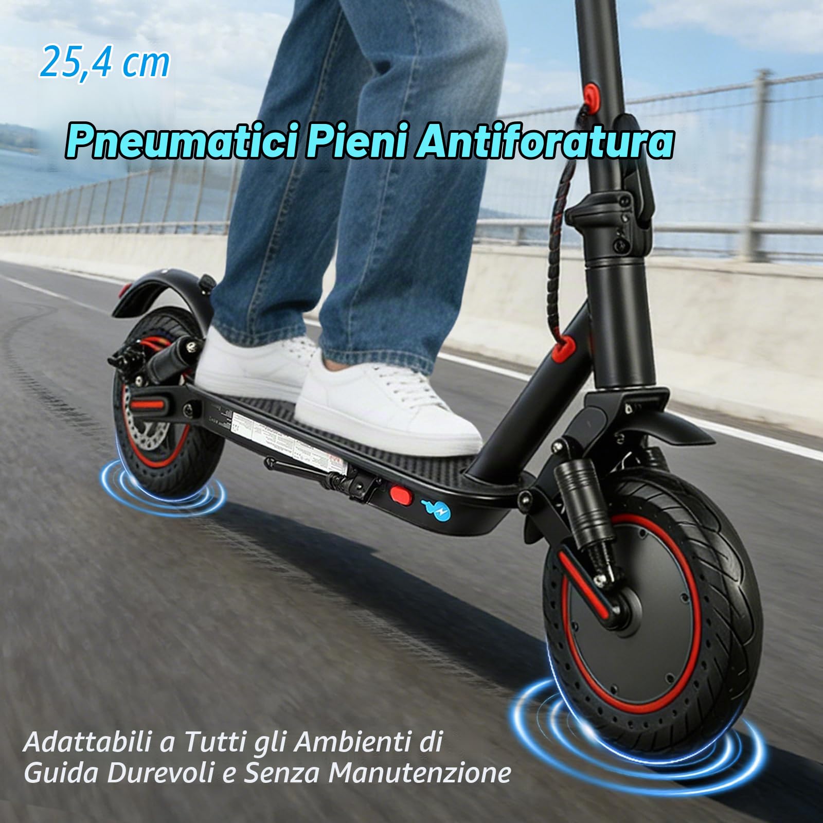Monopattino Elettrico,Autonomia 30 km, Velocità max 25 km/h, Batteria 36V 10.4Ah, Doppi freni a disco con EABS, Pneumatici solidi 10", Monopattino da città, Controllo App, pendenza max 15%