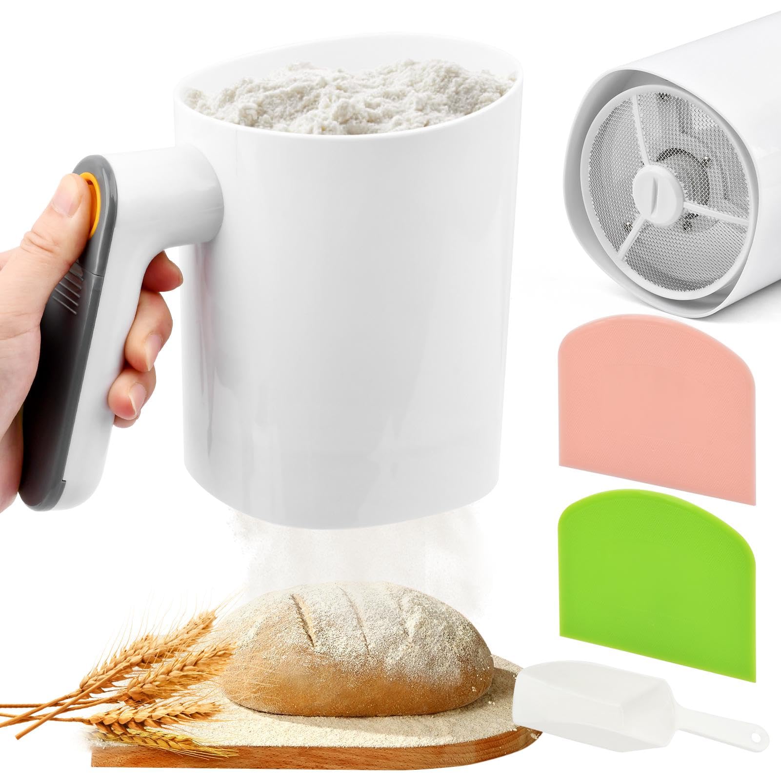 Electric Flour Sifter, Battery Operated Flour Sifter Cup，Easy to Clean, Ergonomical Handle FlourS Sieve for Cooking, 4 Cup Sieve, Pastry Baking(Color:White)