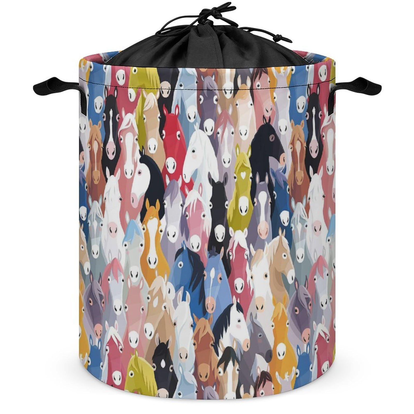 Qjjinxior Drawstring Laundry Hamper, Colourful Cartoon Horses Laundry Basket, Washing Basket with Handle
