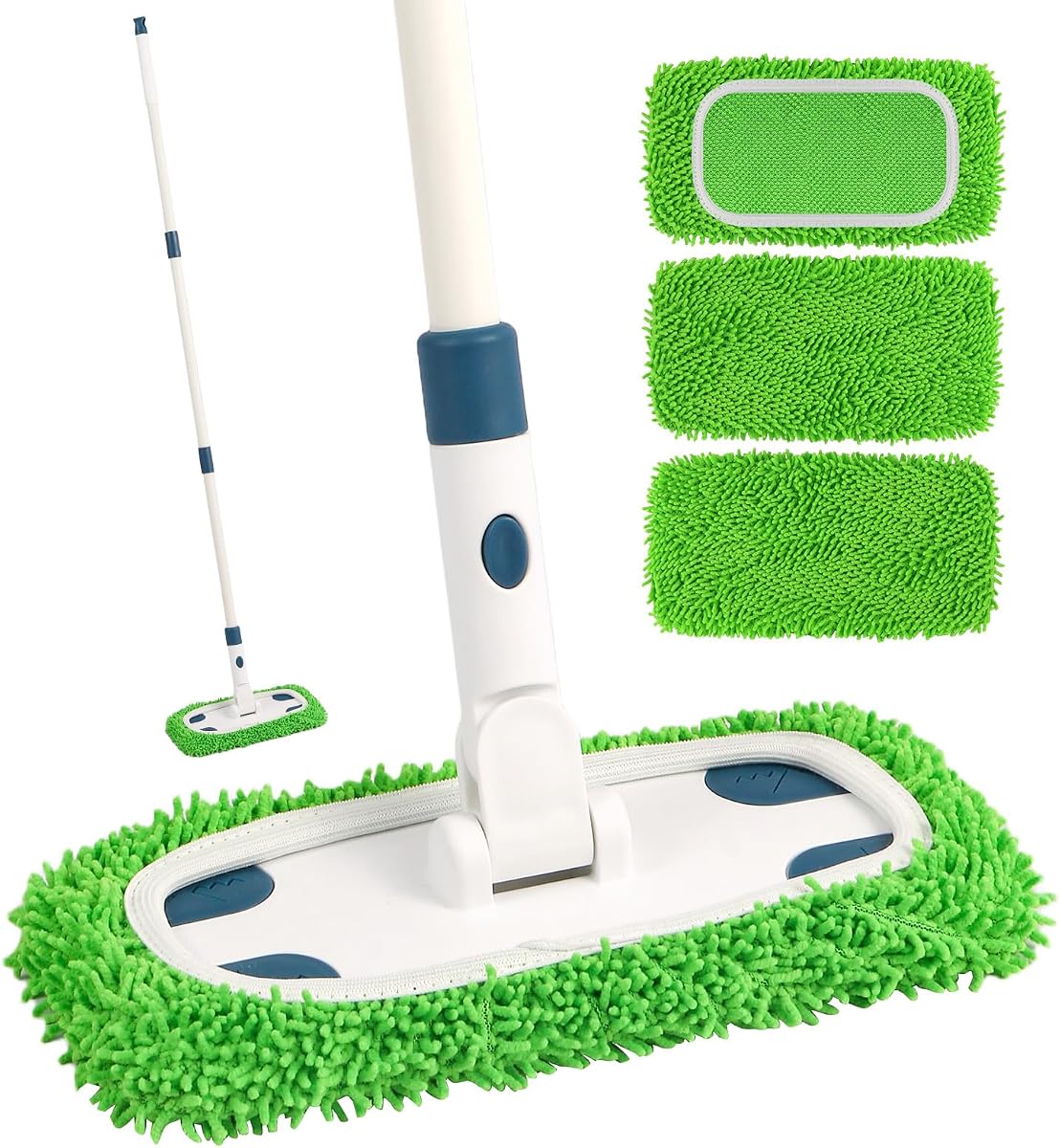 Sistema de fregona barredora con 3 almohadillas de microfibra reutilizables | Limpiador de pisos multisuperficie seco y húmedo, incluye 1 trapeador + 3 recambios lavables para limpieza de pisos de madera, baldosas y laminados