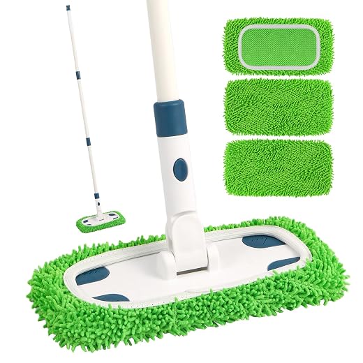 Reusable Microfiber Floor Mop System, Wet & Dry Sweeper Kit, Includes 1 Sweeper Handle, 3 Washable Chenille Mop Pads, Dry & Wet Use for Hardwood, Tile, and Laminate Floor, Blue
