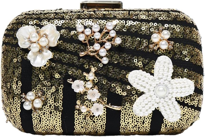CORIOS Women's Flower Evening Bag Sequin Clutch Sparkly Crystal Handbag Bridal Wedding Purse Pearl Beaded Shoulder Bag