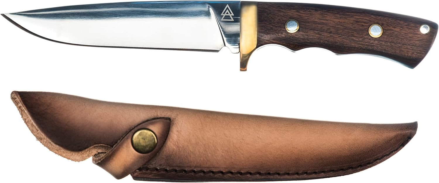 Kratos ZF10 Hunting Knife | Full Leather Sheath | 5.75" Quality High Carbon Stainless Steel Fixed Blade | Outdoor | Sharp Durable Edge | Wood Handle | Boning Camping Outdoor : Sports & Outdoors
