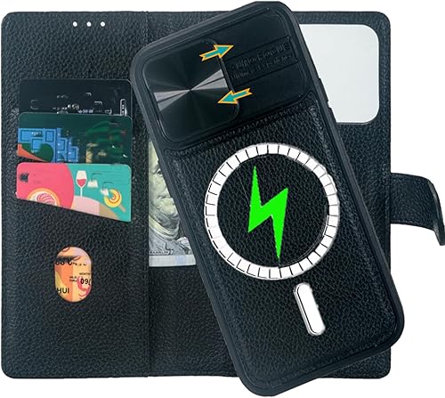 Funda tipo cartera para iPhone 15 Pro Max - Fundas magnéticas desmontables de 2 estilos con ranura para tarjeta y cubierta para cámara, bloqueo RFID