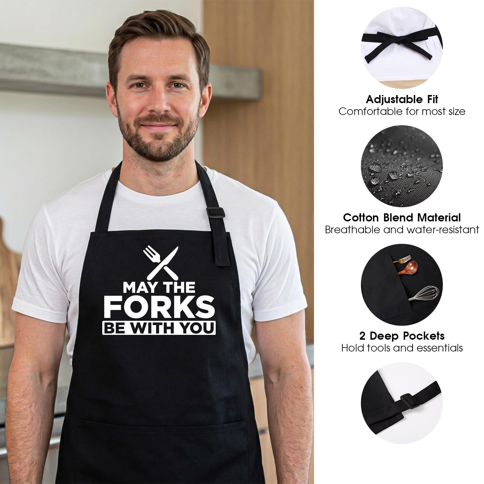 Tablier de cuisine pour homme avec inscription « May The Forks Be with You » - Tablier de cuisine amusant pour les fans de cinéma, tablier de chef noir, cadeau d'anniversaire pour homme, papa, mari