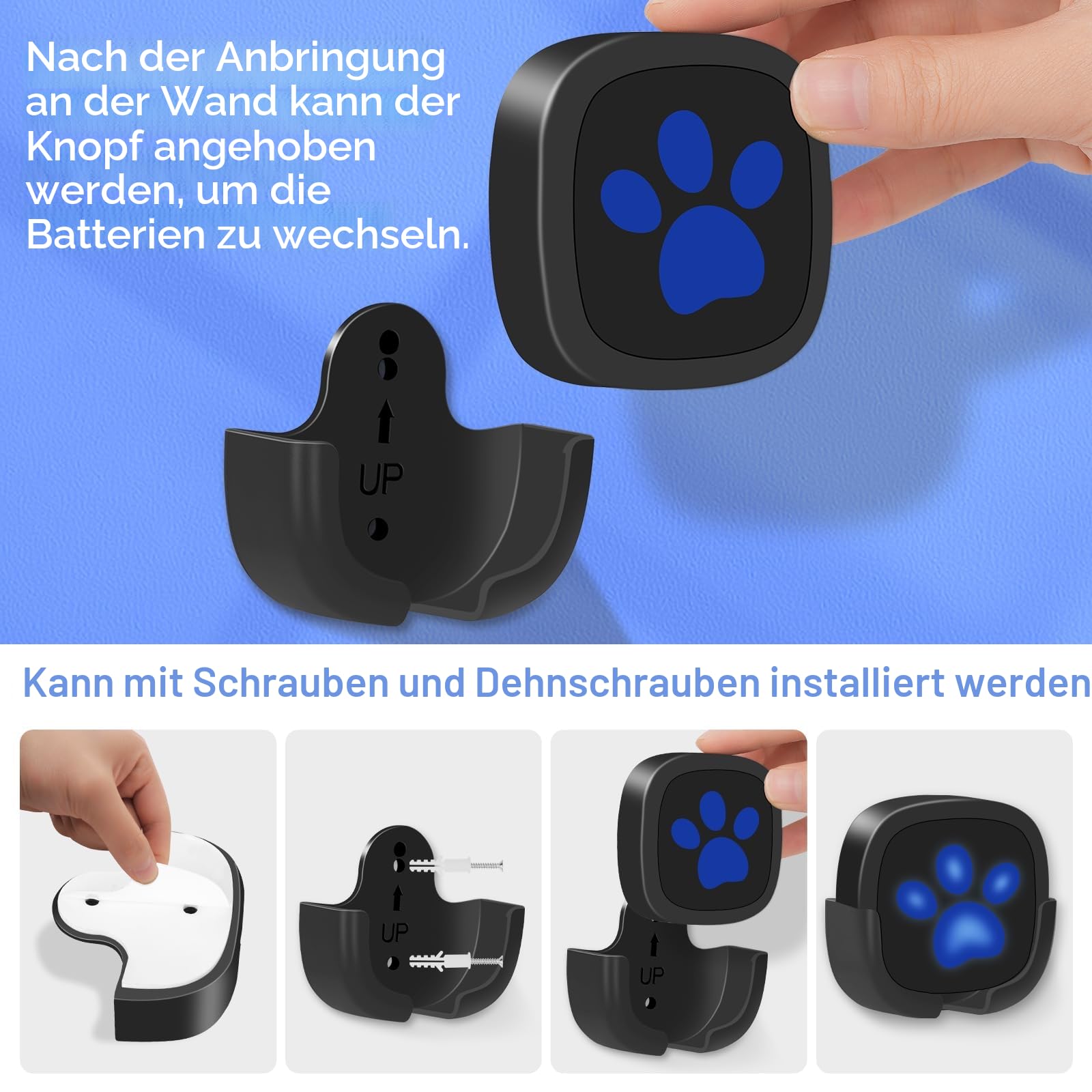 Dog Doorbell, Wireless Ring Bell to Go Outside, IP55 Waterproof Buttons, 55 Melodies, 4 Volume Levels & 950ft Range (Black, 1 Reciever 2 Transmitter)