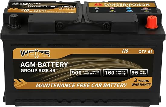 Weize Platinum AGM Battery BCI Group 49-12v 95ah H8 Size 49 Automotive Battery, 160RC, 900CCA, Dimensions 13.9" L x 6.89" W x 7.48" H