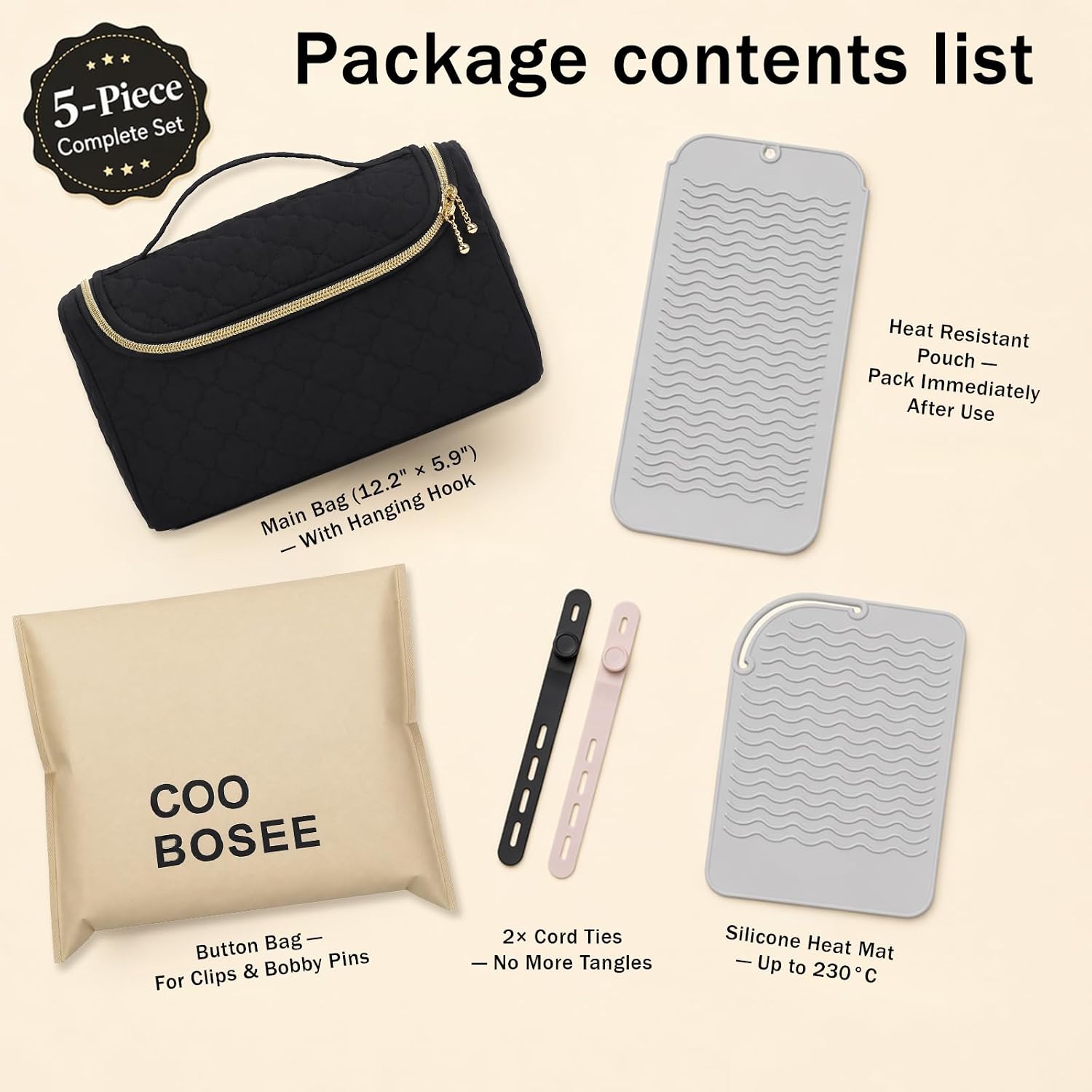 Hair Tool Travel Bag Set for Women | Heat Resistant Organizer for Curling Iron, Flat Iron & Hair Styling Tools with Silicone Heat Mat, Hanging Hook, Cord Organizer for Travel, Hotel & Home