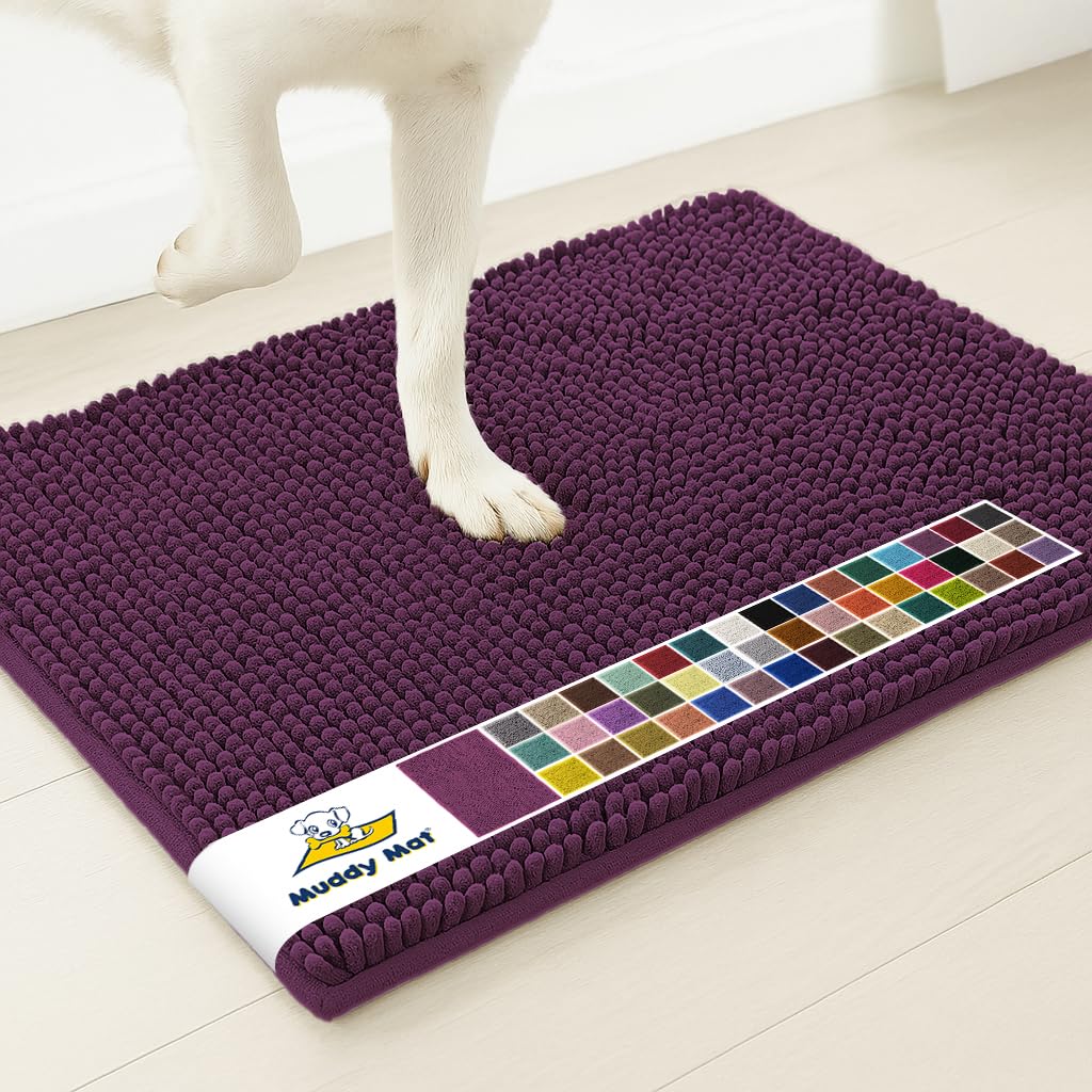Muddy Mat® | Super Water Absorbent Door Mat Indoor, Microfiber Quick Dry Chenille Entryway Rug, Slip Resistant Front Door Mat, Indoor Mats for Entryway, Machine Washable Pet Rug, Dark Purple 16"x24"