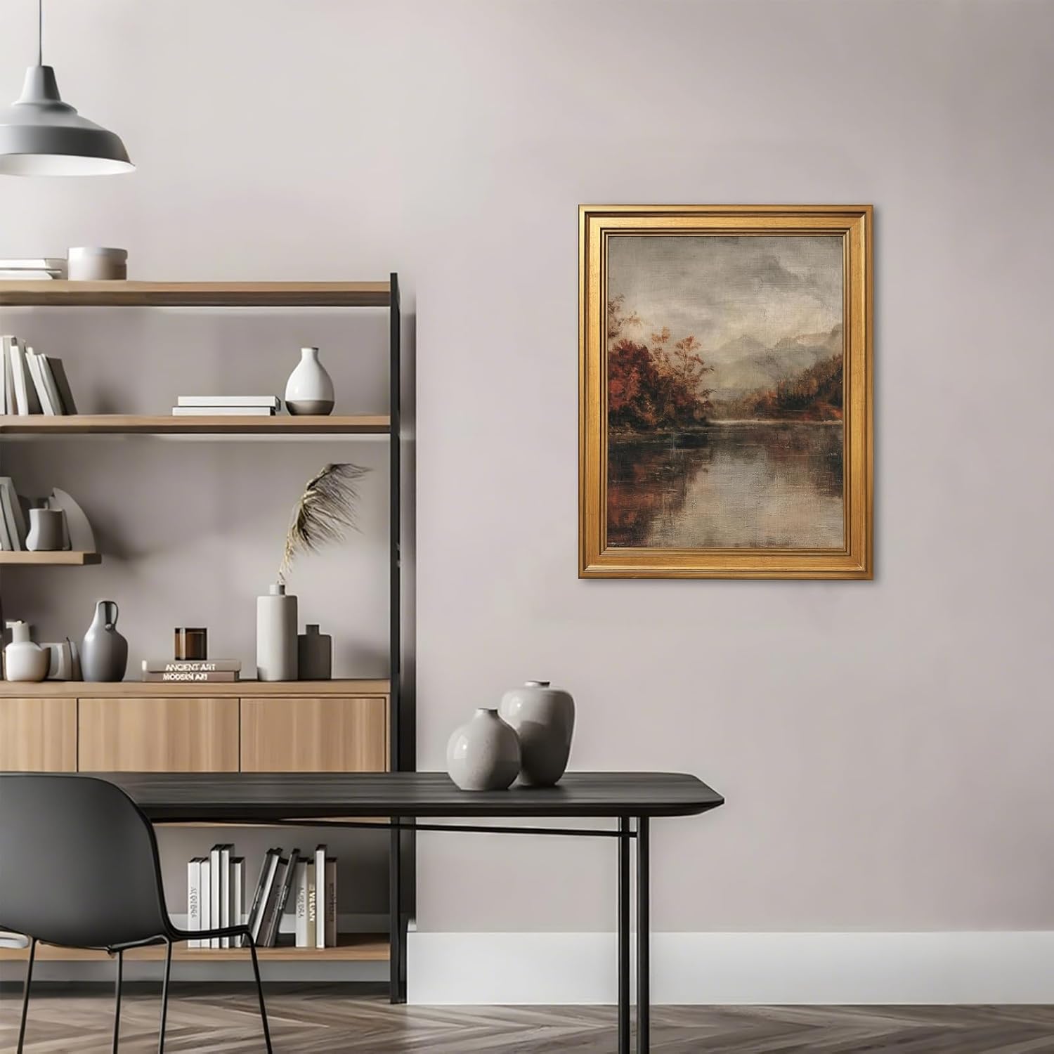 Ripiyome Vintage Autumn Lake Landscape Wall Art Muted Rustic Countryside Canvas Print Classic Nature Painting Poster Traditional Fall Wall Decor for Living Room Bedroom Bathroom 24x36inch Golden Frame