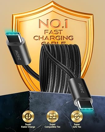 240W USB C to USB C Cable [2-Pack 1m+1m] USB C Charger Cable, Nylon Type C Charger Cable Fast Charging for iPhone 17 16 15 Pro Max, MacBook Pro/Air, iPad Pro, Galaxy S25 S24, Switch 2, Steam Deck (2)