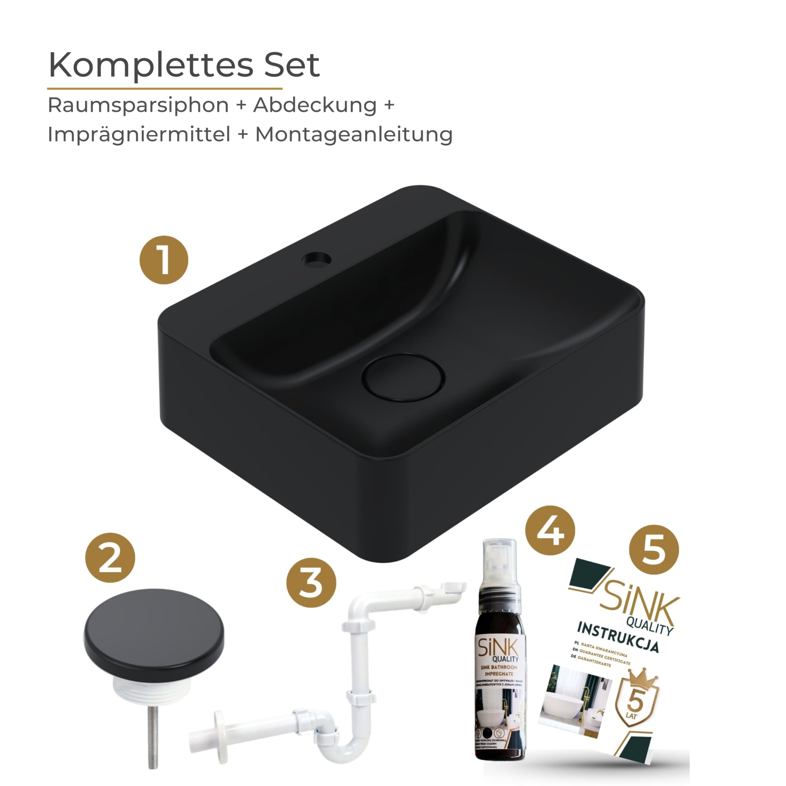 SINK Quality Umywalka nablatowa z otworem armaturowym 45 x 39 cm, czarna matowa – umywalka prostokątna z kompozytu kwarcowego S-QUARTZ, duża umywalka do łazienki, z pokrywą odpływu i zestawem syfonu