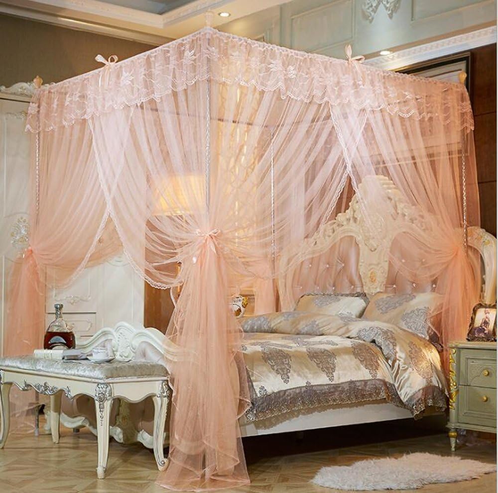 Mengersi 4 Corners Post Canopy Bed Curtain for Girls & Adults - Cute Cozy Bow Netting - 4 Opening -Princess Bedroom Decoration(Queen, Peach)