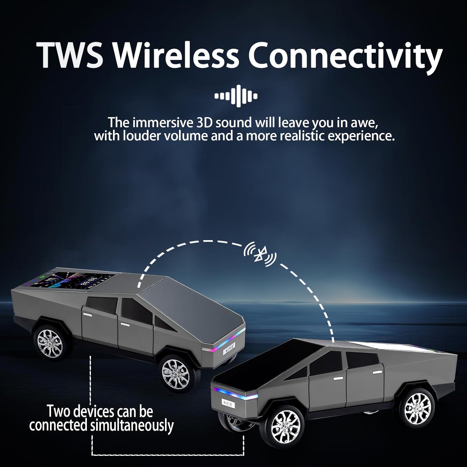 Graphic showing two WS-580 speakers wirelessly connected via TWS