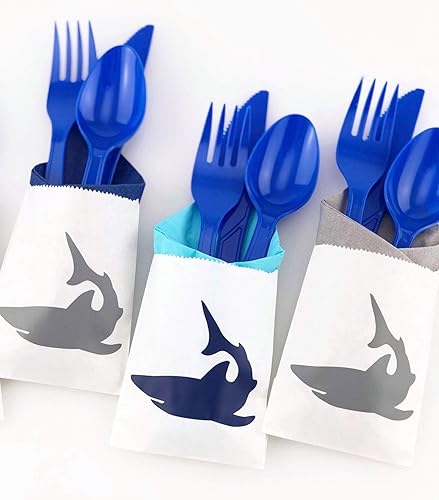 Miniatura 2 de Juego de cubiertos para fiesta de cumpleaños de tiburón, servilletas de papel, utensilios de plástico, bolsas de regalo, decoraciones de fiesta de