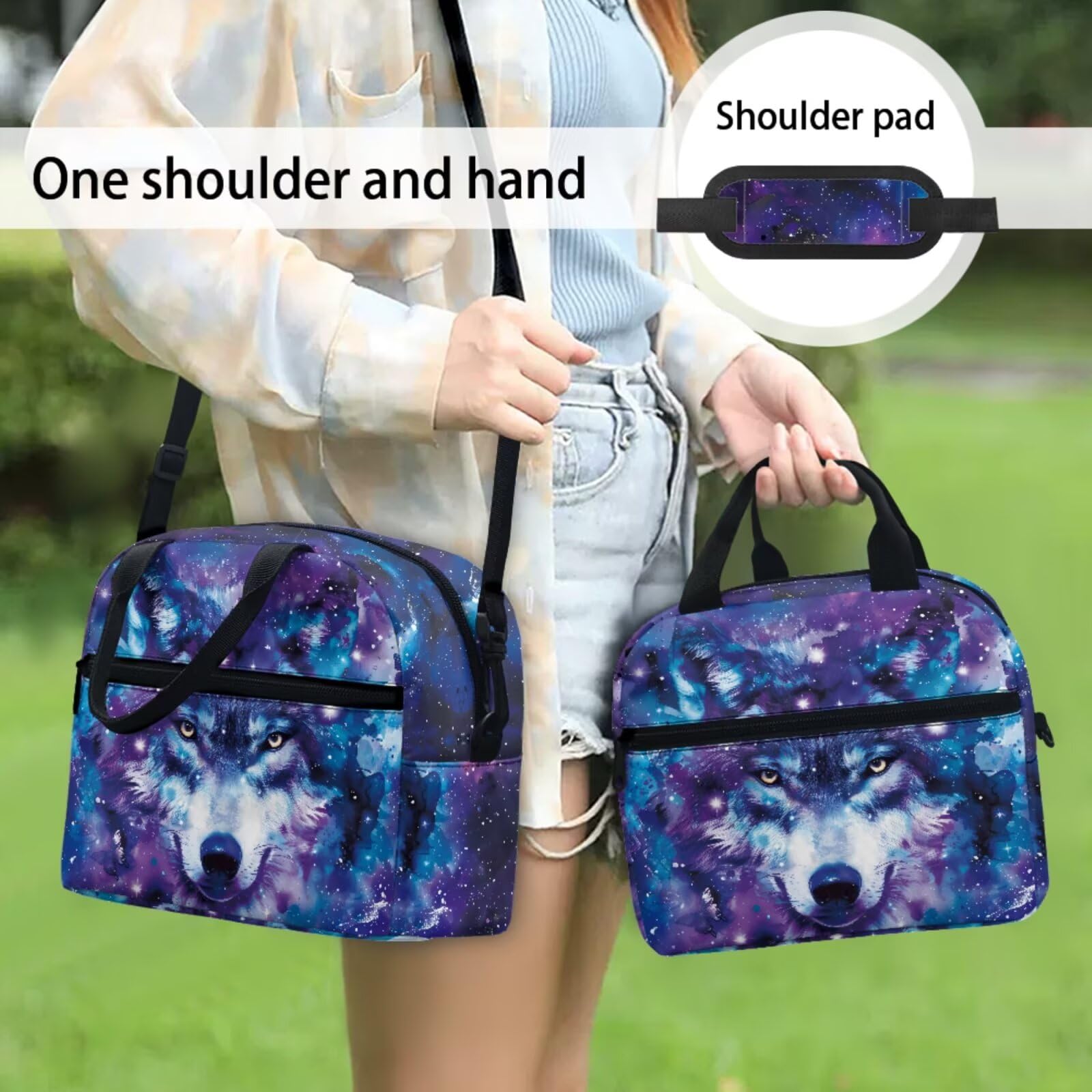 Kinder-Rucksack-Set, 5-teilig, mit Lunchtasche, Federmäppchen und 2-teiligem Lesezeichen für Grundschulkinder, Galaxy Wolf, Modern