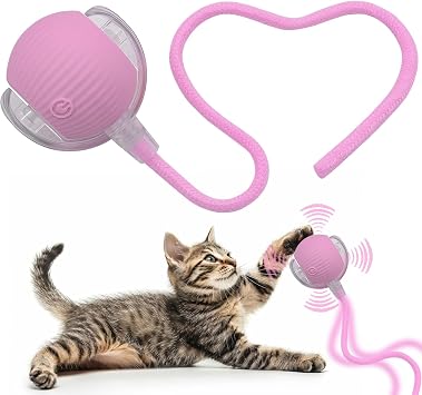 Interactive Cat Dog Toy Ball Indoor Small Automatic Moving Smart Rolling Fun Pet Game with Led Light and String Tail for Motion Activated, Cute Kitten Puppy Present, Exercise Wheel Supplies Pink
