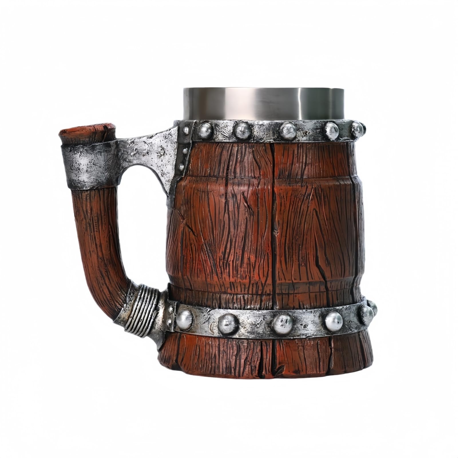 Drawelry Retro Holz Fass Bierkrug mit Griff Edelstahl Innenfutter Holzmaserung Leder Wasserbecher 600ml Vintage Nordische Wasser Bier Kaffee Mug Becher Geburtstag Geschenk für Männer (A7)
