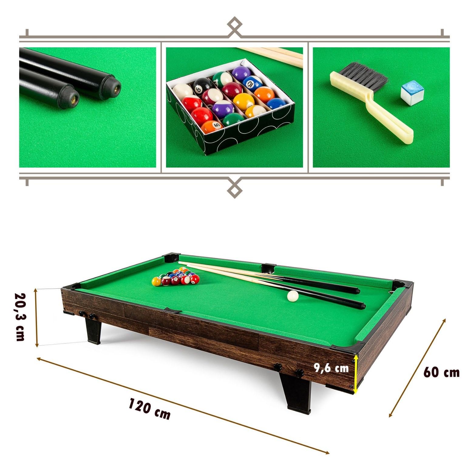 Leomark Tragbarer Billardtisch für Kinder im Vintage-Stil Mini mobil Billardtisch mit Zubehör Poolbillardtisch-Set Höhe: 20,3 cm Komplettset für Zuhause