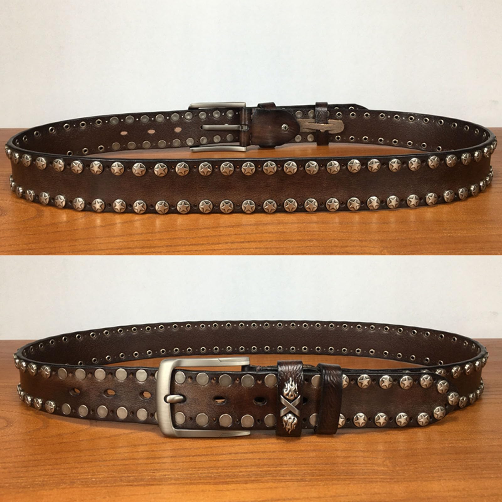 Cinturones Hombre Rivet, Cinturon Remache Ajustable Retro Punk Rock, Cinturón Occidental Tachonado de Cuero Genuino con Hebilla de Metal Aleación,Marrón,120CM/47.3''