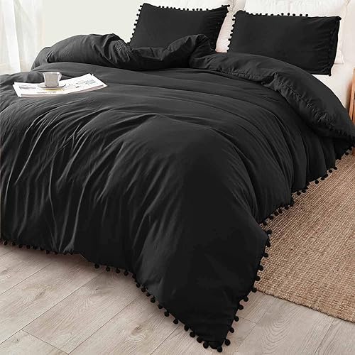 Miniatura 3 de ETDIFFE Juego de edredón negro tamaño Queen, juego de cama bohemio de 3 piezas con flecos de pompones, bonito edredón de microfibra de plumón