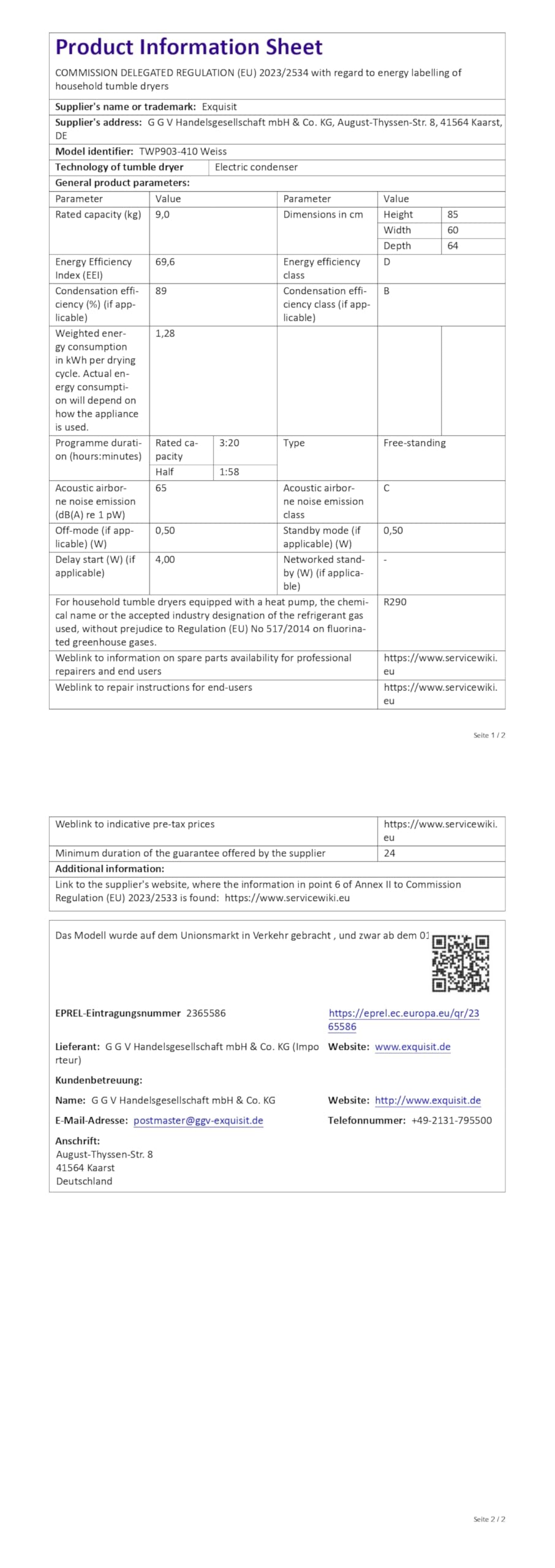 Exquisit Asciugatrice a pompa di calore TWP903-410, bianco, capacità 9 kg, classe di efficienza energetica A++, sicurezza bambini, spegnimento automatico