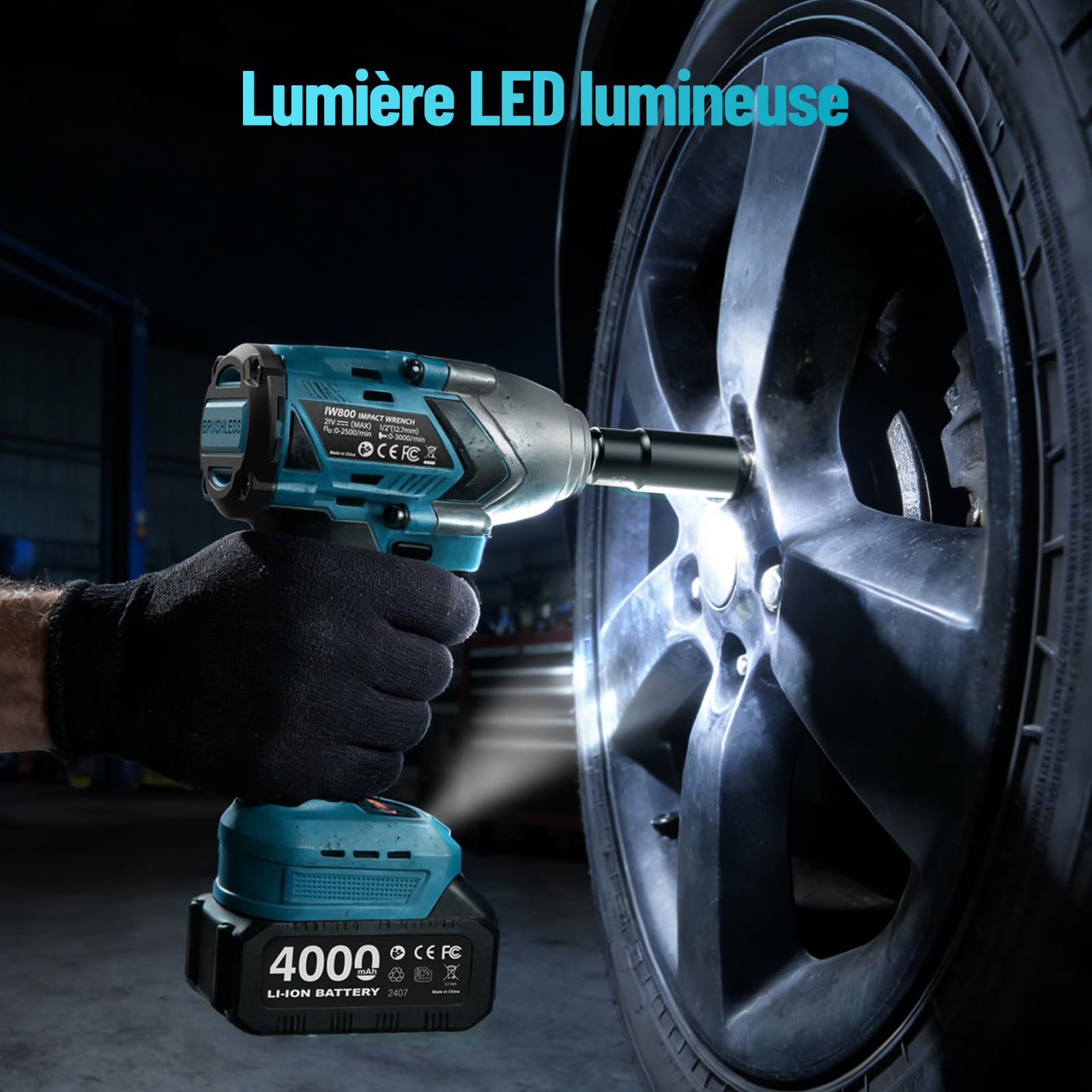 Clé à choc sans fil 1400 Nm 1/2", moteur brushless puissant, 2 batteries 4000mAh avec chargeur rapide, 21V Visseuse à Chocs avec 17-19-21-24 mm + rallonge 5", idéale pour voiture, camion