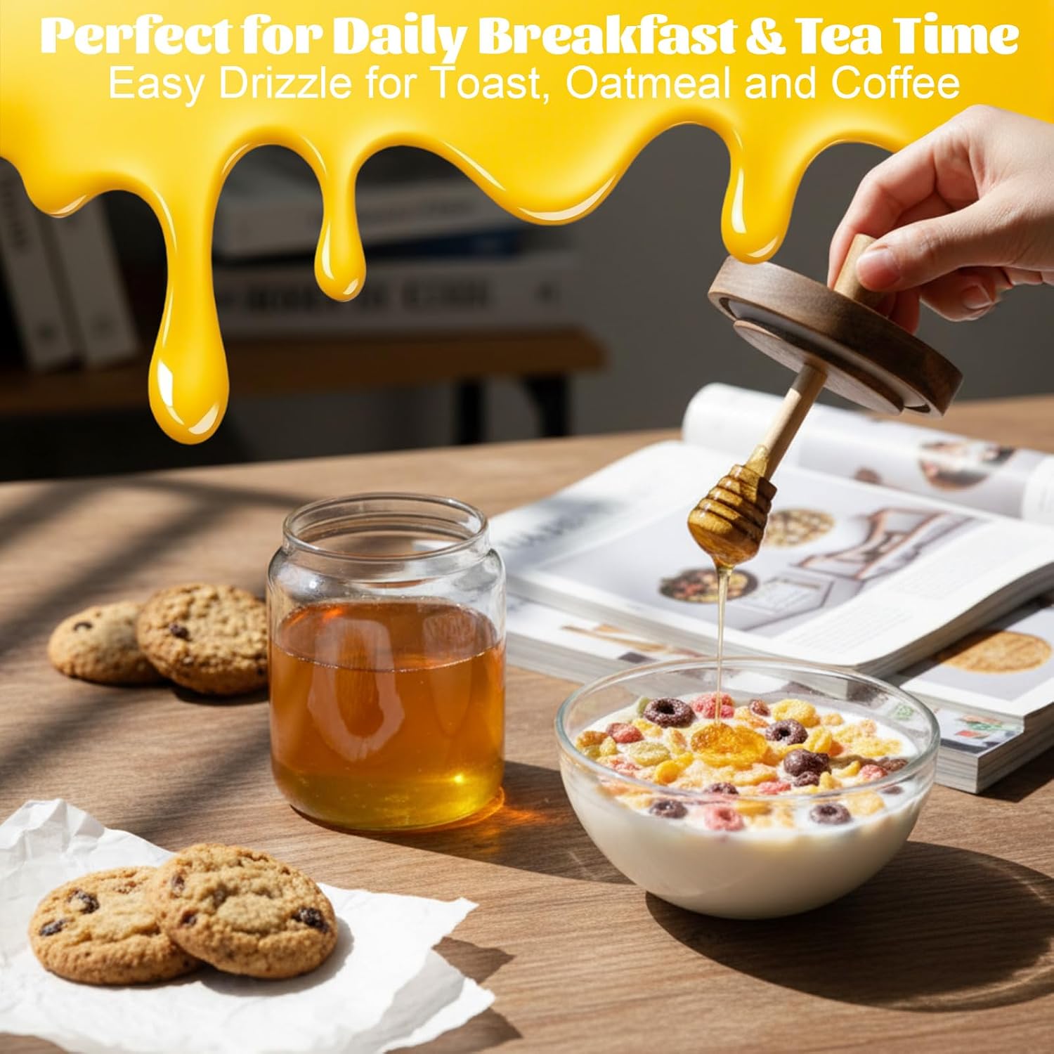 LemonRoad 6 Pack 14 oz Glass Honey Pots with Lid and Dipper Sticks