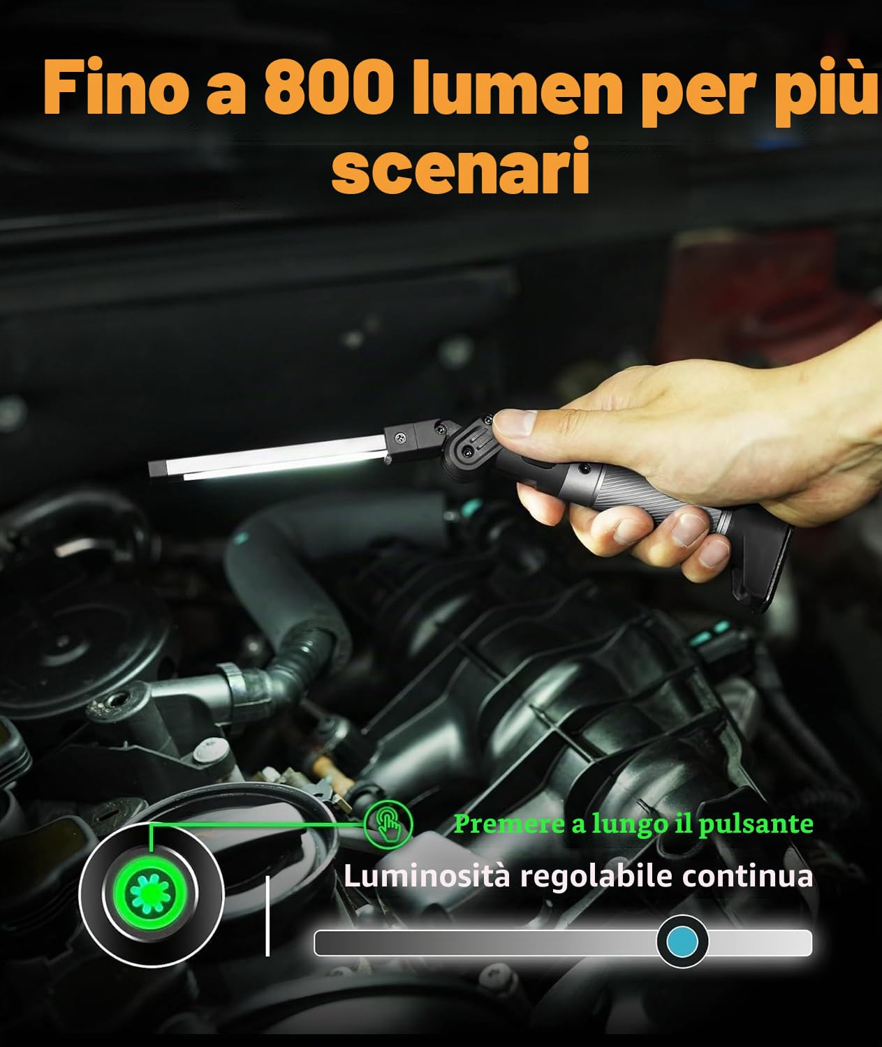 HOTLIGH lampada da lavoro - 800 lumen torcia led ricaricabile con design pieghevole multifunzionale, 2200 mAh lampada officina, 3 modalità di illuminazione luce led ricaricabile, 1 confezione