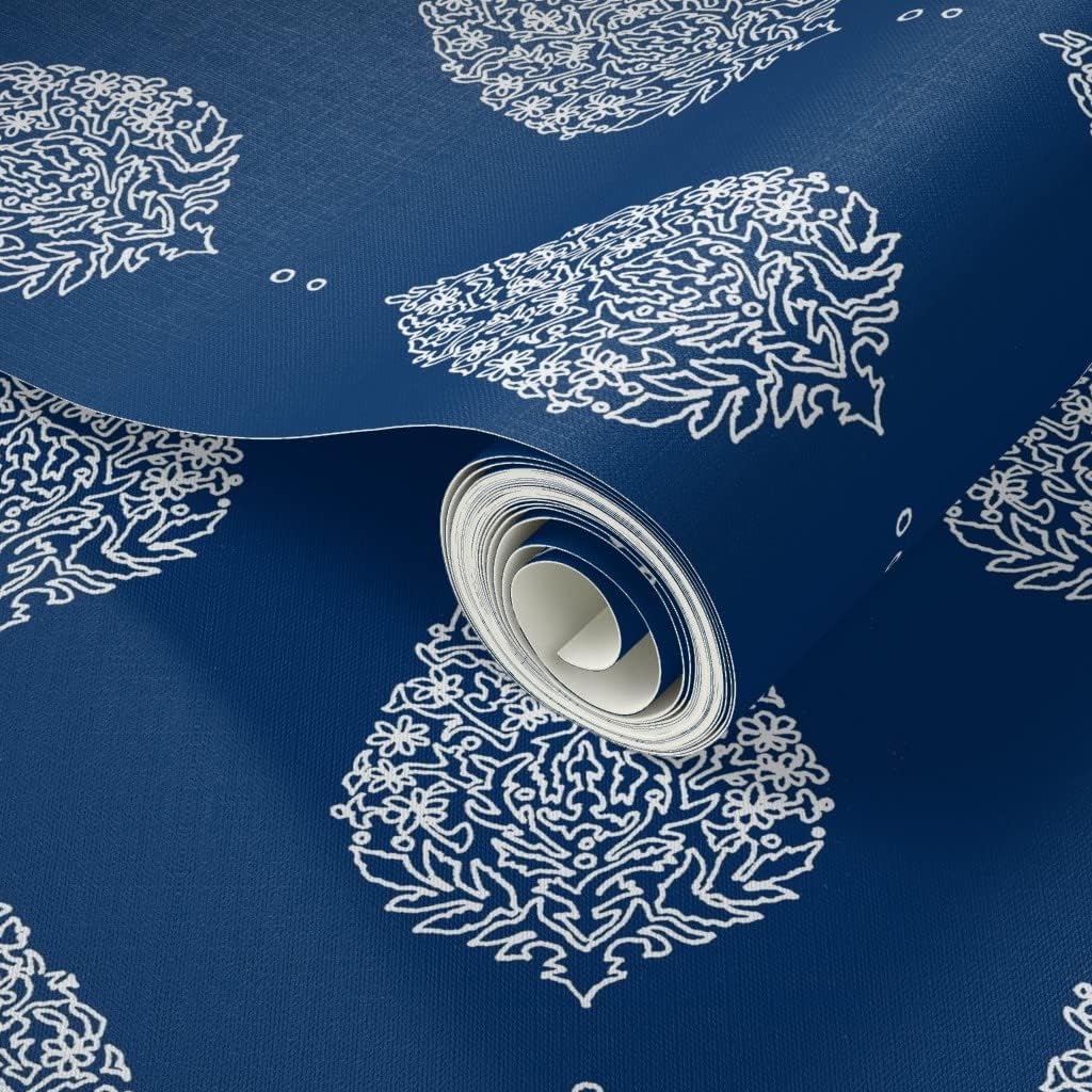 Peel & Stick Wallpaper 3ft x 2ft - Moroccan Paisley Navy Ogee Inspired Wordly Boho Indigo White Ornate Custom Removable Wallpaper by Spoonflower