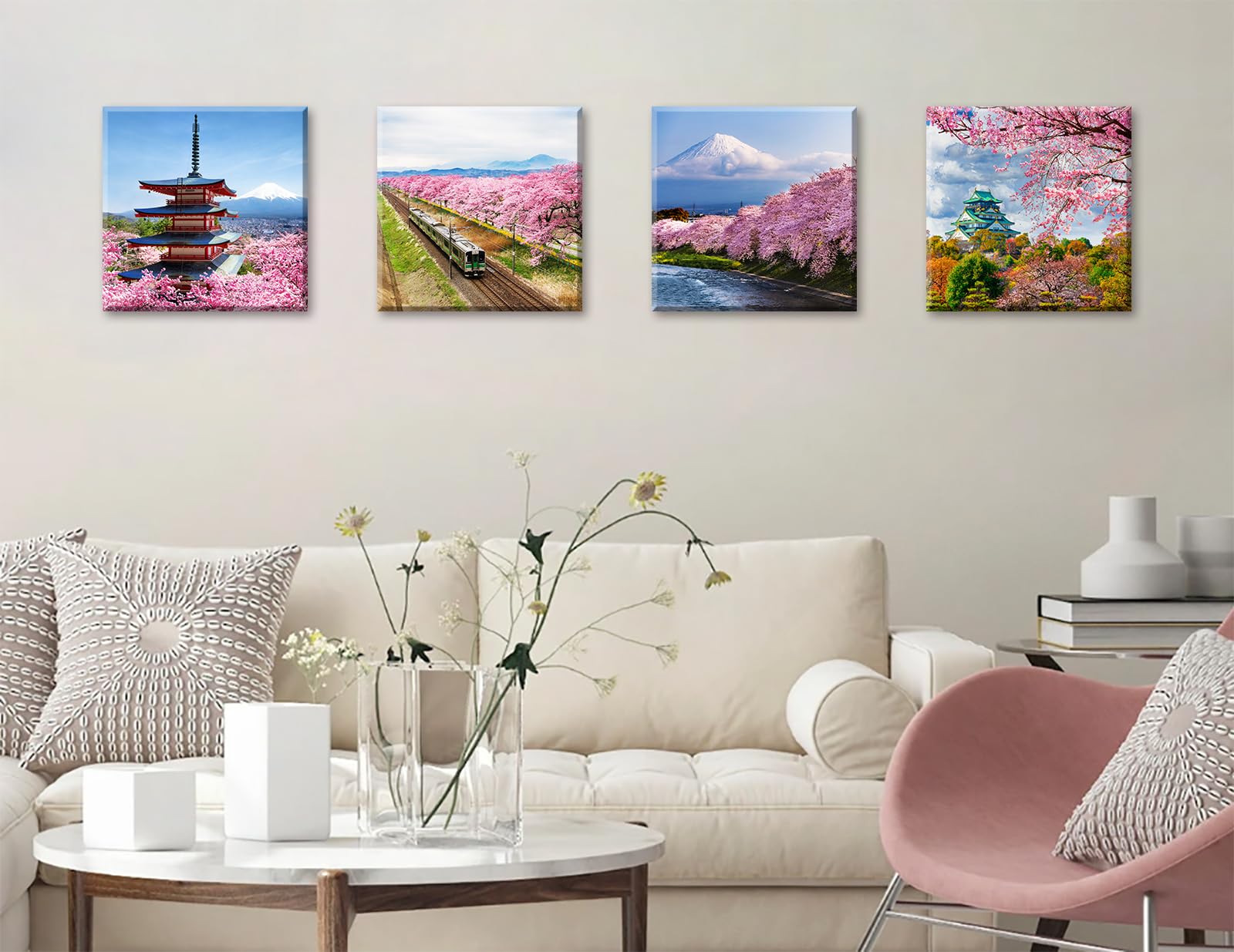 Set Di 4 Stampe Su Tela Giapponesi Con Fiori Di Ciliegio E Monte Fuji, 30x30 Cm Ciascuna, Quadri Moderni Per Soggiorno, Camera Da Letto, Decorazione Murale Naturale