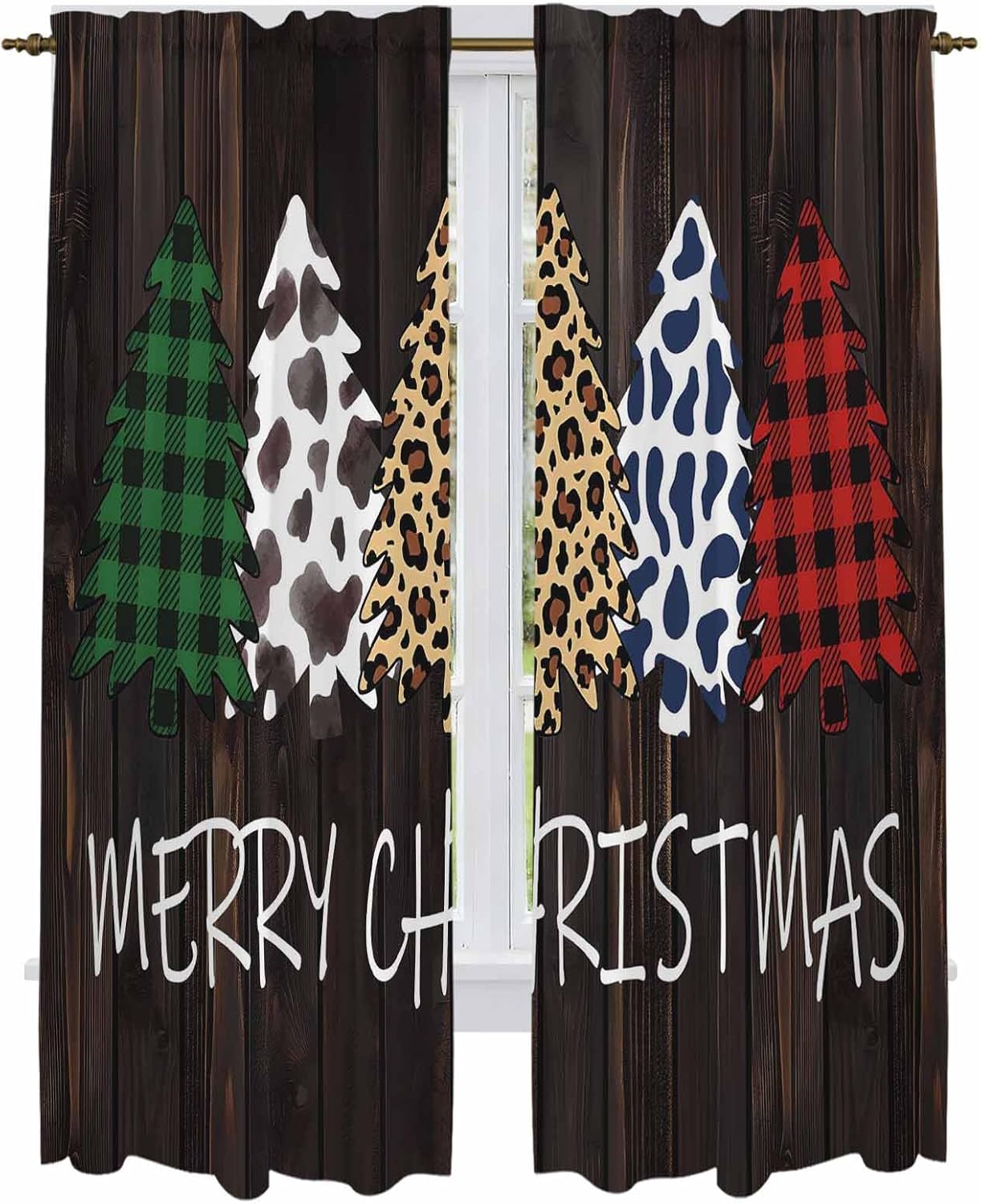 Christmas Tree Window Curtains 72 Inch Long 2 Panel Set, Rod Pocket Long Curtains & Drapes, Cow Leopard Print Plants Wooden Grain Light Filtering Window Treatment for Bedroom Living Room 52"W x 72"L