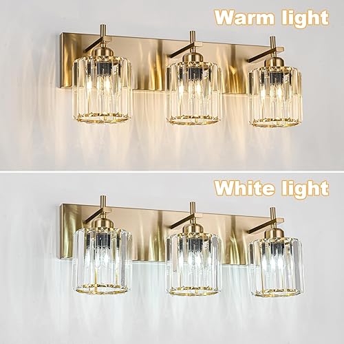 Miniatura 5 de Modernas luces de cristal para tocador de baño, 3 luces doradas, lámparas de baño sobre espejo, iluminación de pared de cristal con acabado de latón